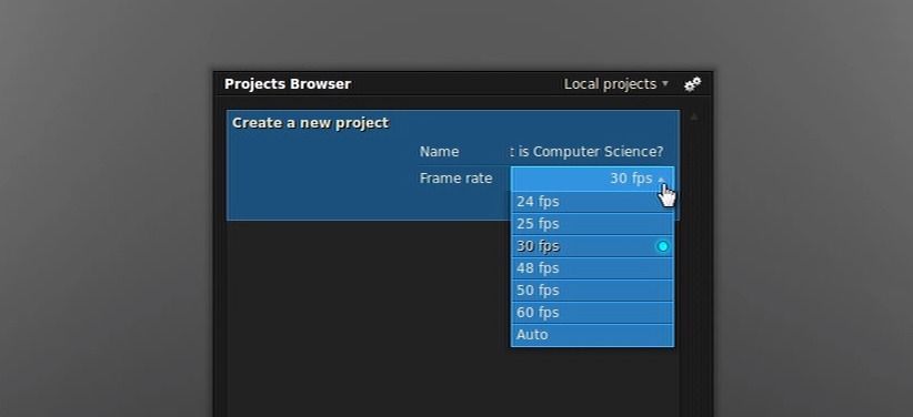 enter project name and framerate